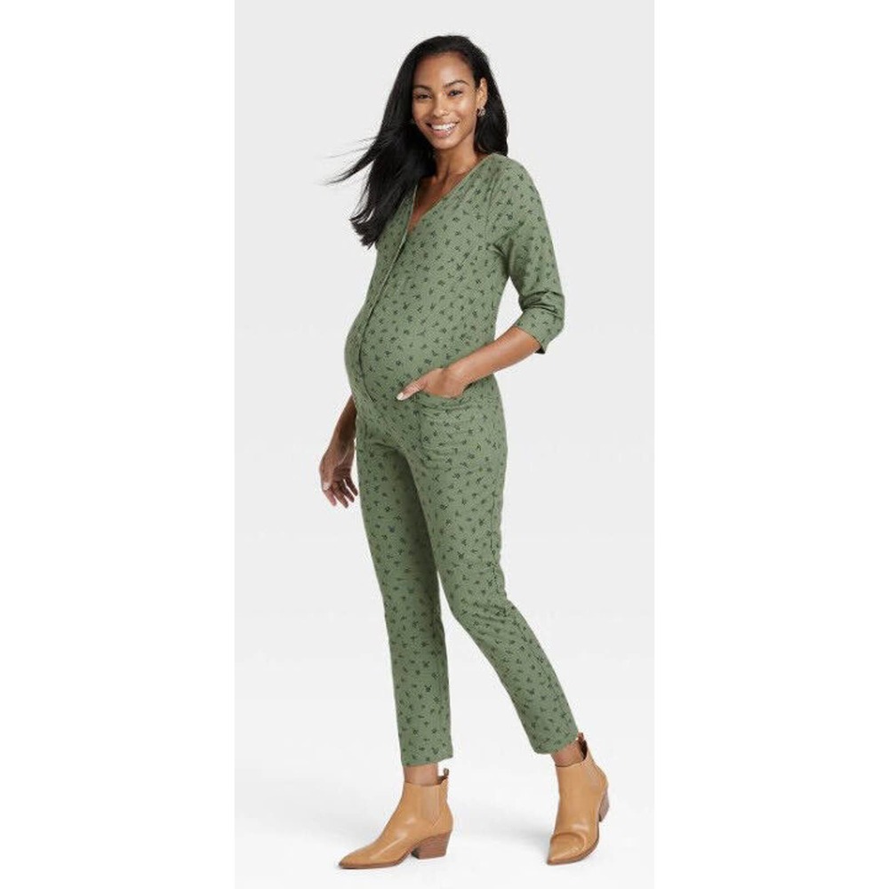 The Nines by HATCH Olive 3/4 Sleeve Button-Front Maternity Jumpsuit Romper XS